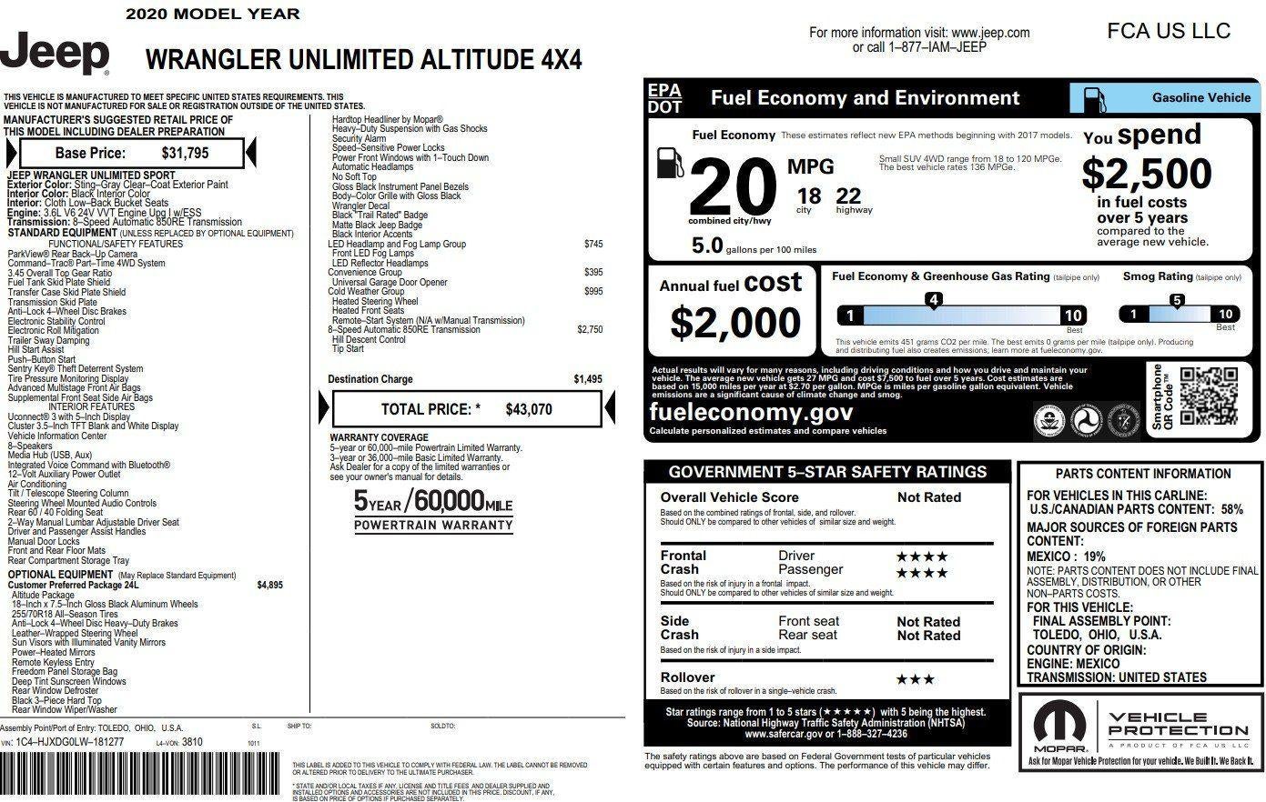 2020 Jeep Wrangler Unlimited Unlimited Sport Altitude