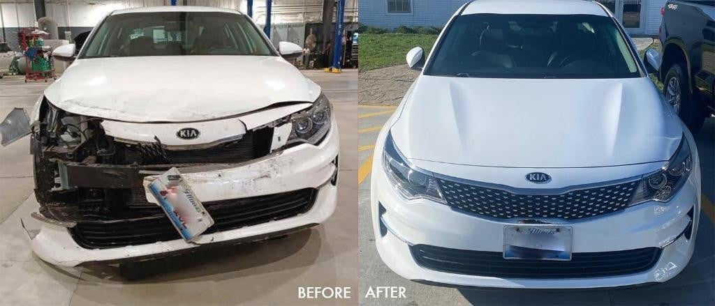 White Kia collision repair before and after
